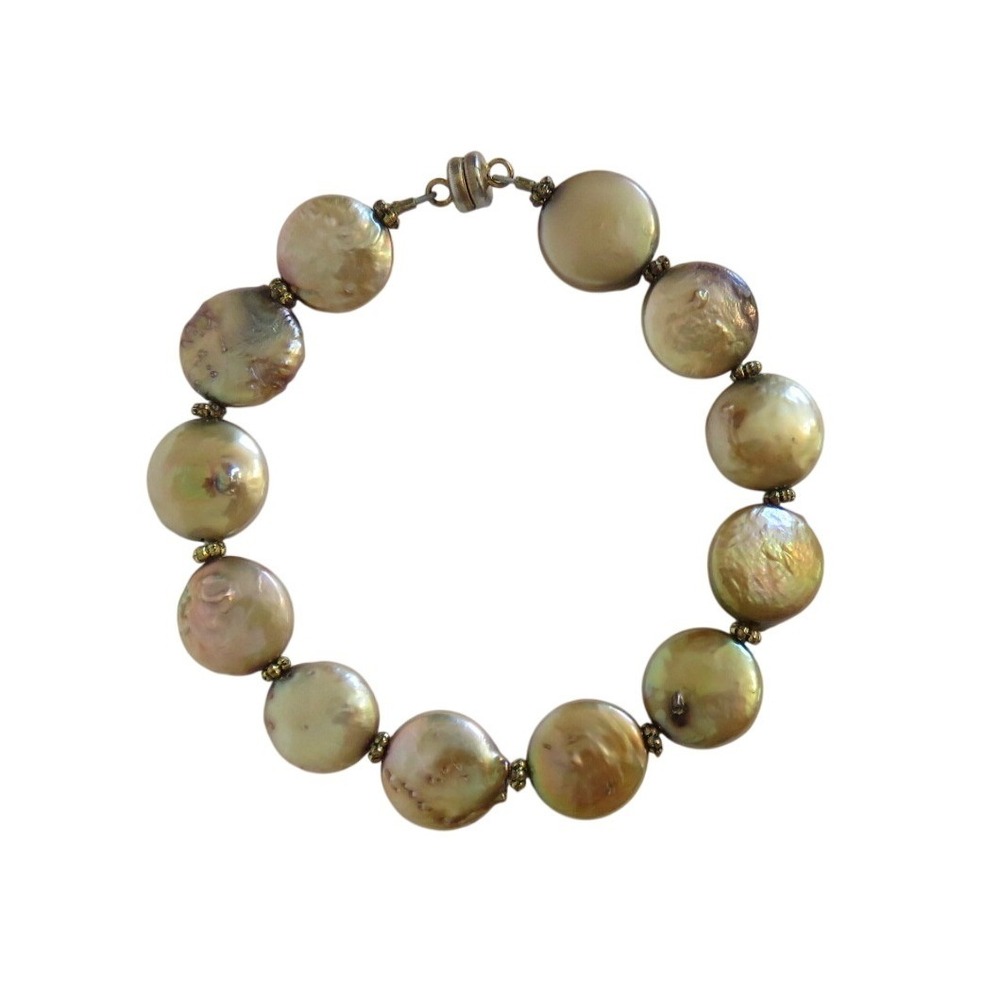Unique‎ Champagne Coin Pearl Bracelet Magnetic Clasp Gold Tone Accent Beads
